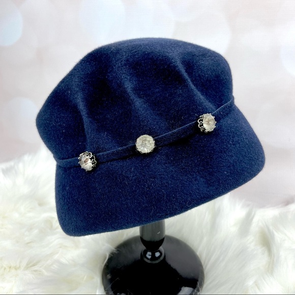 VINTAGE Swingin 60s GoGo Girl Rhinestone Cabby Cap Deep Blue Felt Hat Mod - Picture 3 of 6